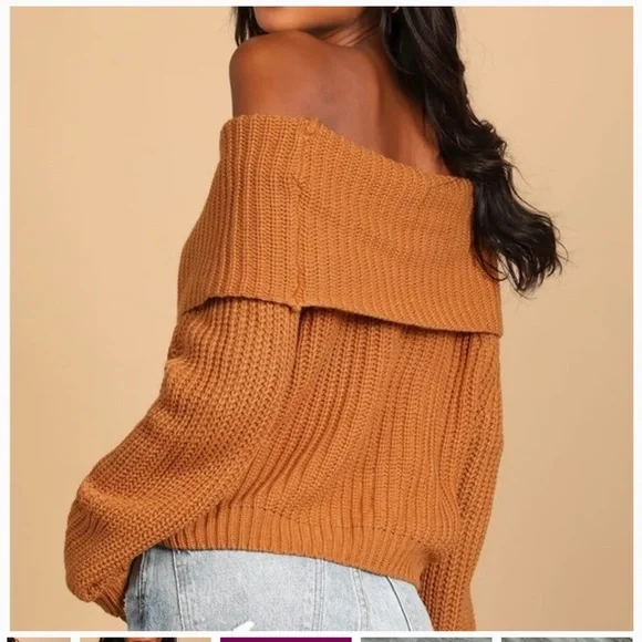 Lulu's Tan Off-the-Shoulder Sweater - Picture 3 of 10